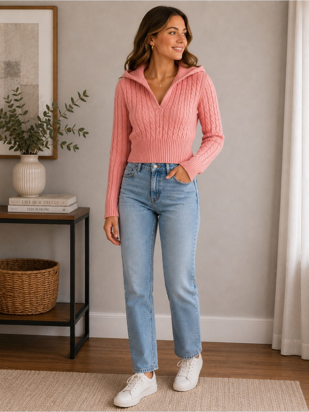 Arden B. Pink Cable Knit V-neck Sweater- Never Worn